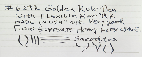 6292: GOLDEN RULE FOUNTAIN PEN IN BLACK WITH GOLD FILLED TRIM. VERY FLEXIBLE, BROAD "WARRENTED #6 14K" NIB. LEVER FILLING. Golden Rule pen compnay was an early LA Pen Factory that worked with Fred Krinke